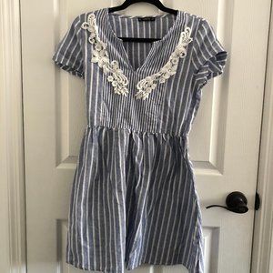 V-Cut Front Lace Striped Dress